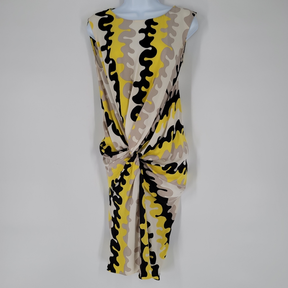 DVF Alastrina Sleeveless Wave Print Silk Twist Dress Size 6 Yellow Black